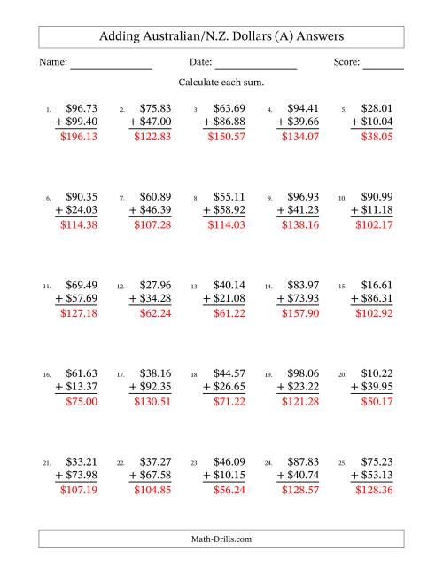 The Adding Australian/N.Z. Dollars With Amounts from 10.00 to 99.99 in Increments of One Cent (A) Math Worksheet Page 2