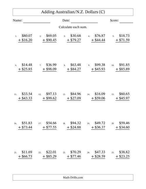 The Adding Australian/N.Z. Dollars With Amounts from 10.00 to 99.99 in Increments of One Cent (C) Math Worksheet