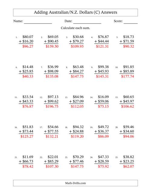 The Adding Australian/N.Z. Dollars With Amounts from 10.00 to 99.99 in Increments of One Cent (C) Math Worksheet Page 2