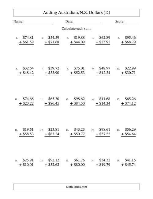 The Adding Australian/N.Z. Dollars With Amounts from 10.00 to 99.99 in Increments of One Cent (D) Math Worksheet