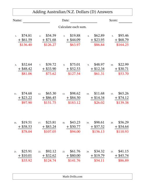 The Adding Australian/N.Z. Dollars With Amounts from 10.00 to 99.99 in Increments of One Cent (D) Math Worksheet Page 2