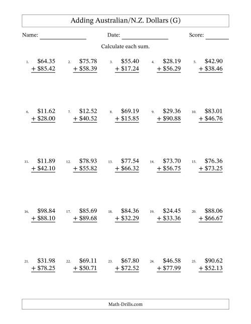 The Adding Australian/N.Z. Dollars With Amounts from 10.00 to 99.99 in Increments of One Cent (G) Math Worksheet