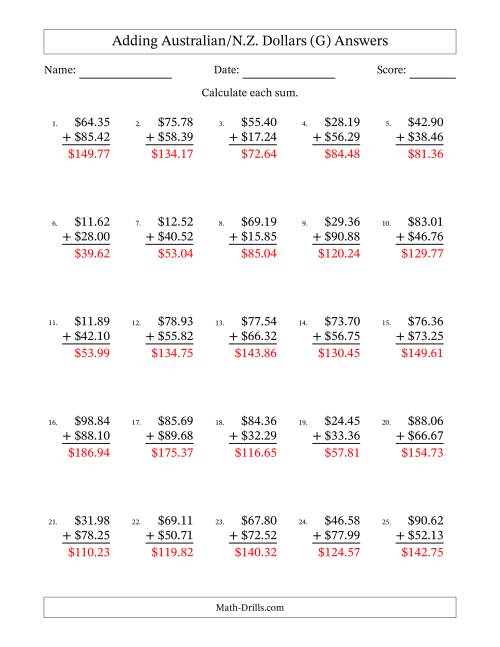 The Adding Australian/N.Z. Dollars With Amounts from 10.00 to 99.99 in Increments of One Cent (G) Math Worksheet Page 2