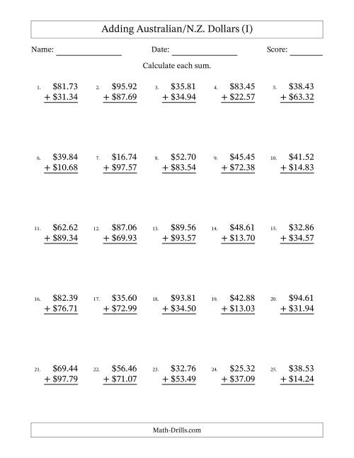 The Adding Australian/N.Z. Dollars With Amounts from 10.00 to 99.99 in Increments of One Cent (I) Math Worksheet