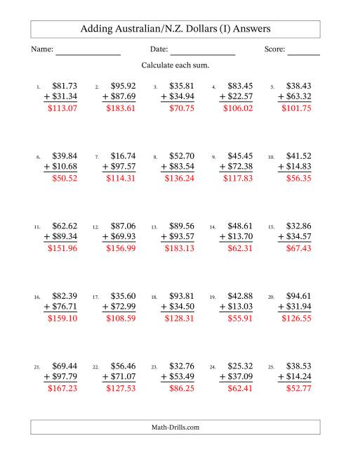 The Adding Australian/N.Z. Dollars With Amounts from 10.00 to 99.99 in Increments of One Cent (I) Math Worksheet Page 2