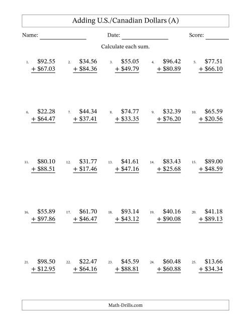 The Adding U.S./Canadian Dollars With Amounts from 10.00 to 99.99 in Increments of One Cent (A) Math Worksheet