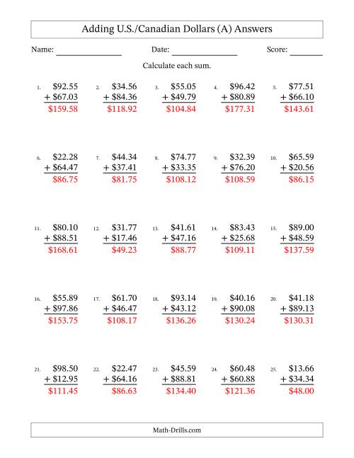 The Adding U.S./Canadian Dollars With Amounts from 10.00 to 99.99 in Increments of One Cent (A) Math Worksheet Page 2