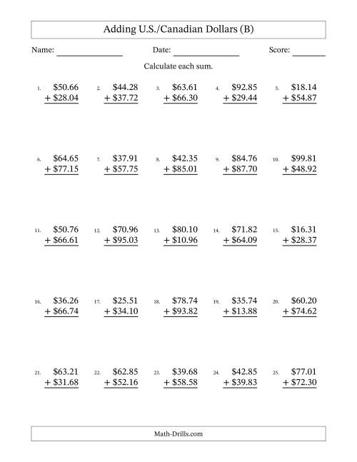 The Adding U.S./Canadian Dollars With Amounts from 10.00 to 99.99 in Increments of One Cent (B) Math Worksheet