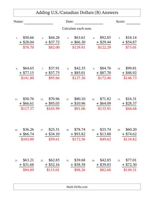 The Adding U.S./Canadian Dollars With Amounts from 10.00 to 99.99 in Increments of One Cent (B) Math Worksheet Page 2