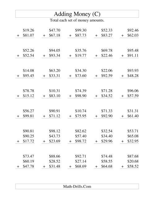 The Adding U.S. Money to $100 (C) Math Worksheet