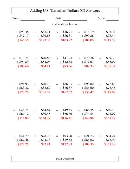 The Adding U.S./Canadian Dollars With Amounts from 10.00 to 99.99 in Increments of One Cent (C) Math Worksheet Page 2