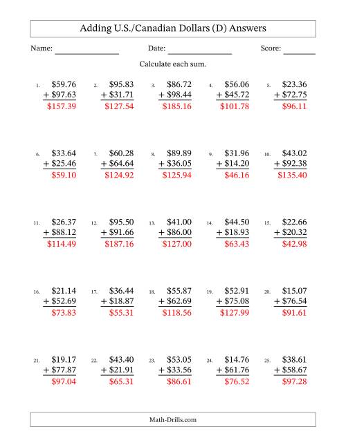 The Adding U.S./Canadian Dollars With Amounts from 10.00 to 99.99 in Increments of One Cent (D) Math Worksheet Page 2