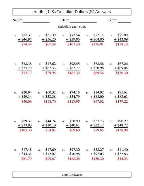 The Adding U.S./Canadian Dollars With Amounts from 10.00 to 99.99 in Increments of One Cent (E) Math Worksheet Page 2