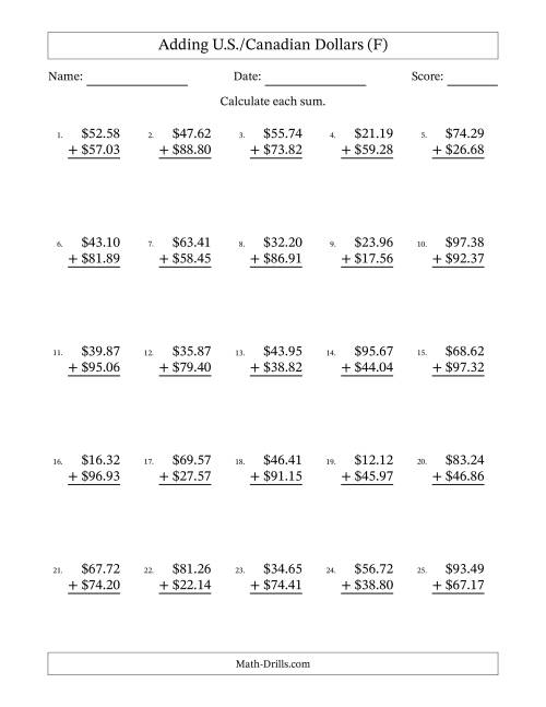 The Adding U.S./Canadian Dollars With Amounts from 10.00 to 99.99 in Increments of One Cent (F) Math Worksheet