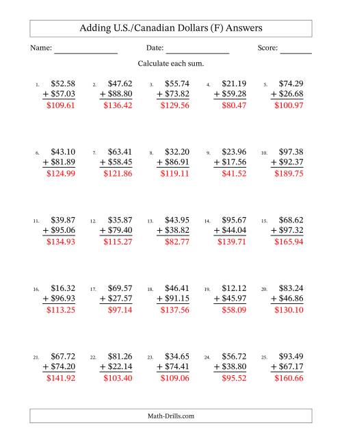 The Adding U.S./Canadian Dollars With Amounts from 10.00 to 99.99 in Increments of One Cent (F) Math Worksheet Page 2