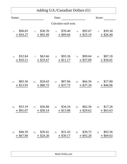 The Adding U.S./Canadian Dollars With Amounts from 10.00 to 99.99 in Increments of One Cent (G) Math Worksheet