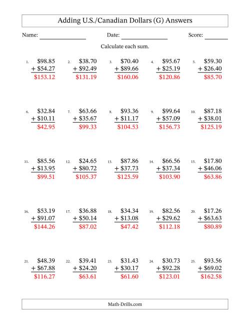 The Adding U.S./Canadian Dollars With Amounts from 10.00 to 99.99 in Increments of One Cent (G) Math Worksheet Page 2