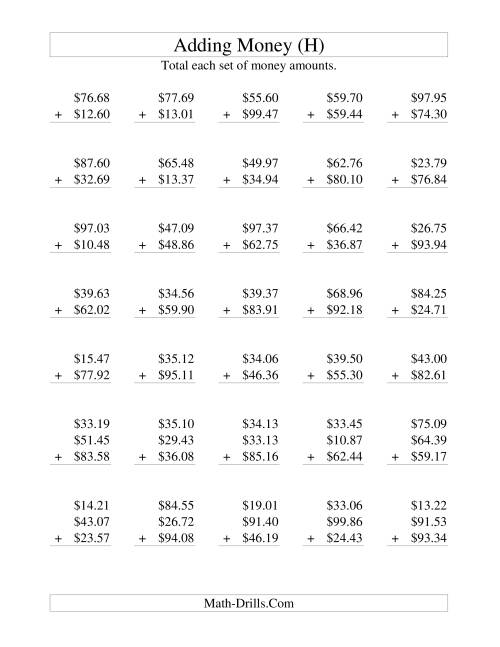The Adding U.S. Money to $100 (H) Math Worksheet