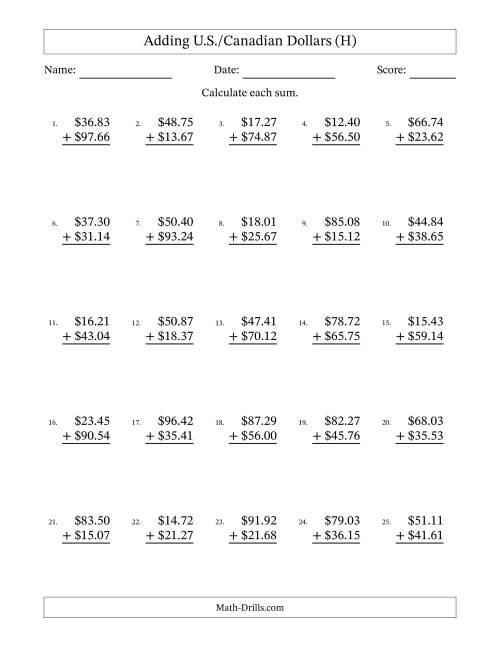 The Adding U.S./Canadian Dollars With Amounts from 10.00 to 99.99 in Increments of One Cent (H) Math Worksheet