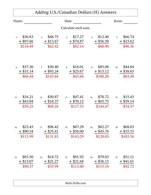 The Adding U.S./Canadian Dollars With Amounts from 10.00 to 99.99 in Increments of One Cent (H) Math Worksheet Page 2