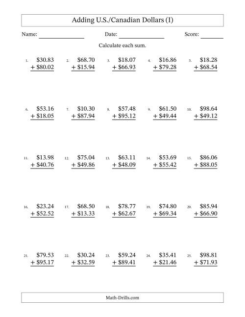 The Adding U.S./Canadian Dollars With Amounts from 10.00 to 99.99 in Increments of One Cent (I) Math Worksheet