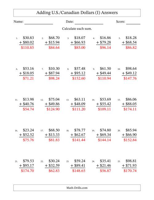 The Adding U.S./Canadian Dollars With Amounts from 10.00 to 99.99 in Increments of One Cent (I) Math Worksheet Page 2