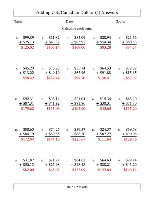 The Adding U.S./Canadian Dollars With Amounts from 10.00 to 99.99 in Increments of One Cent (J) Math Worksheet Page 2