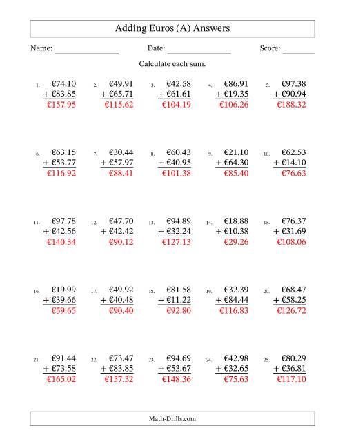 The Adding Euros With Amounts from 10.00 to 99.99 in Increments of One Euro Cent (A) Math Worksheet Page 2