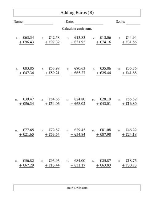 The Adding Euros With Amounts from 10.00 to 99.99 in Increments of One Euro Cent (B) Math Worksheet