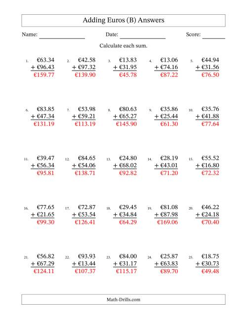 The Adding Euros With Amounts from 10.00 to 99.99 in Increments of One Euro Cent (B) Math Worksheet Page 2