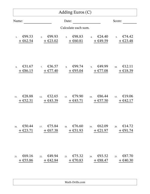 The Adding Euros With Amounts from 10.00 to 99.99 in Increments of One Euro Cent (C) Math Worksheet