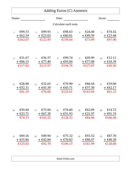 The Adding Euros With Amounts from 10.00 to 99.99 in Increments of One Euro Cent (C) Math Worksheet Page 2