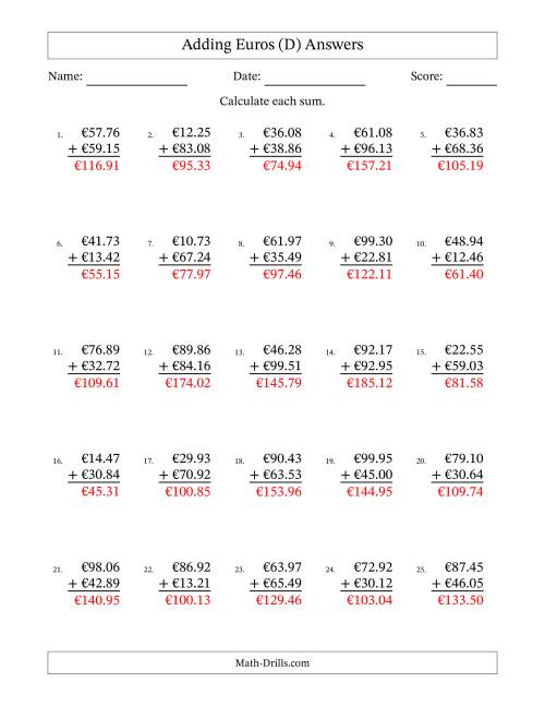 The Adding Euros With Amounts from 10.00 to 99.99 in Increments of One Euro Cent (D) Math Worksheet Page 2