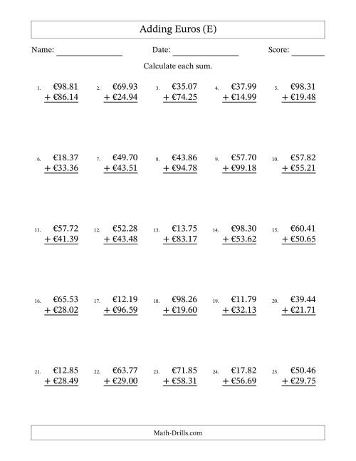 The Adding Euros With Amounts from 10.00 to 99.99 in Increments of One Euro Cent (E) Math Worksheet