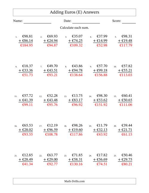 The Adding Euros With Amounts from 10.00 to 99.99 in Increments of One Euro Cent (E) Math Worksheet Page 2