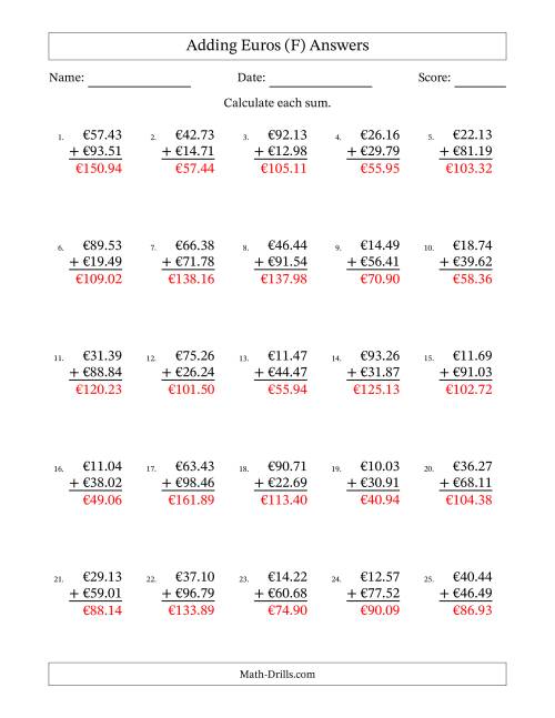 The Adding Euros With Amounts from 10.00 to 99.99 in Increments of One Euro Cent (F) Math Worksheet Page 2