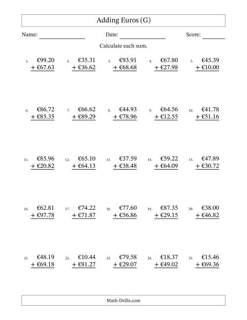 The Adding Euros With Amounts from 10.00 to 99.99 in Increments of One Euro Cent (G) Math Worksheet