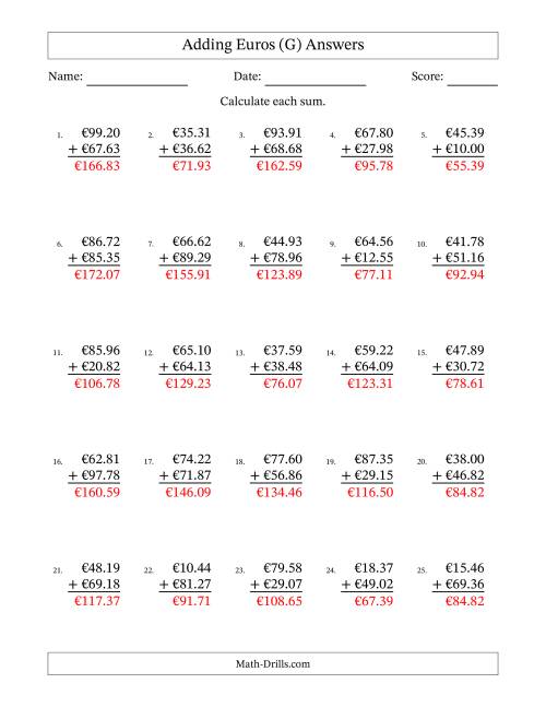 The Adding Euros With Amounts from 10.00 to 99.99 in Increments of One Euro Cent (G) Math Worksheet Page 2