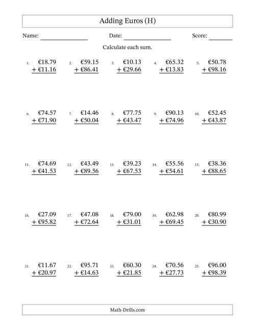 The Adding Euros With Amounts from 10.00 to 99.99 in Increments of One Euro Cent (H) Math Worksheet