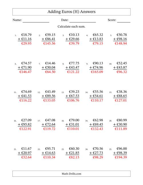 The Adding Euros With Amounts from 10.00 to 99.99 in Increments of One Euro Cent (H) Math Worksheet Page 2