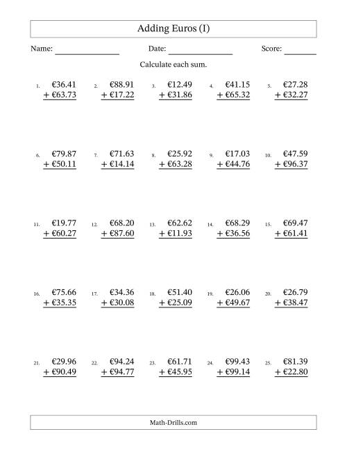 The Adding Euros With Amounts from 10.00 to 99.99 in Increments of One Euro Cent (I) Math Worksheet