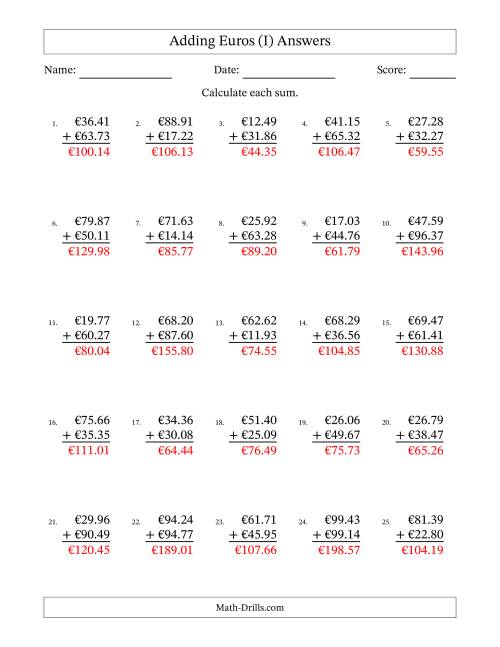 The Adding Euros With Amounts from 10.00 to 99.99 in Increments of One Euro Cent (I) Math Worksheet Page 2