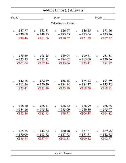 The Adding Euros With Amounts from 10.00 to 99.99 in Increments of One Euro Cent (J) Math Worksheet Page 2