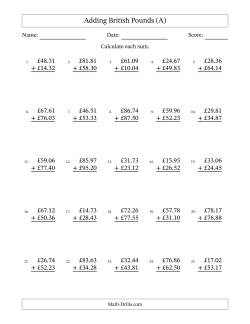 Adding British Pounds With Amounts from 10.00 to 99.99 in Increments of One Pence