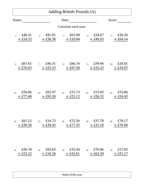 The Adding British Pounds With Amounts from 10.00 to 99.99 in Increments of One Pence (A) Math Worksheet