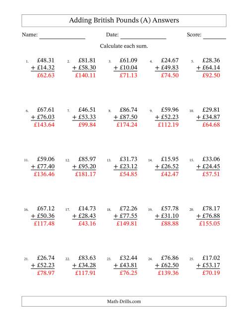 The Adding British Pounds With Amounts from 10.00 to 99.99 in Increments of One Pence (A) Math Worksheet Page 2