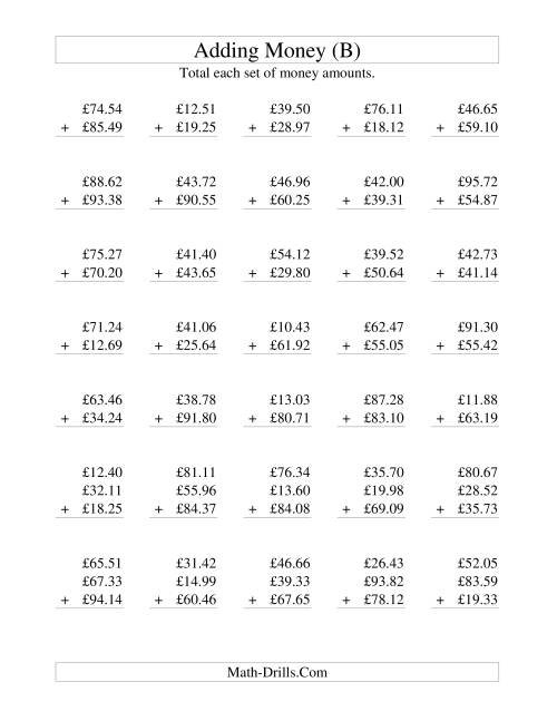 The Adding British Money to £100 (B) Math Worksheet