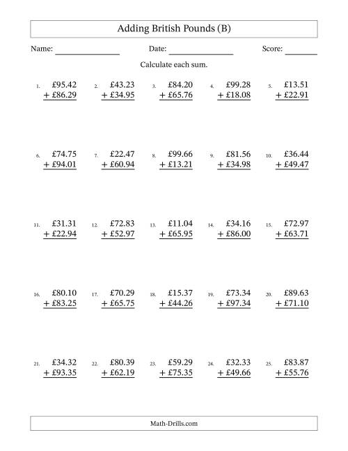 The Adding British Pounds With Amounts from 10.00 to 99.99 in Increments of One Pence (B) Math Worksheet