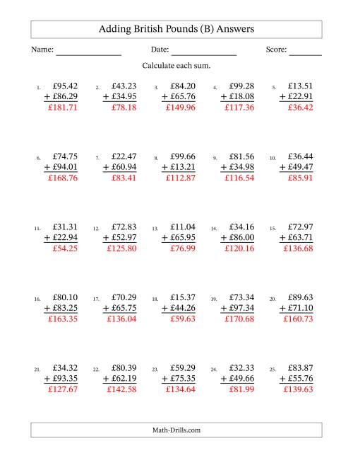 The Adding British Pounds With Amounts from 10.00 to 99.99 in Increments of One Pence (B) Math Worksheet Page 2