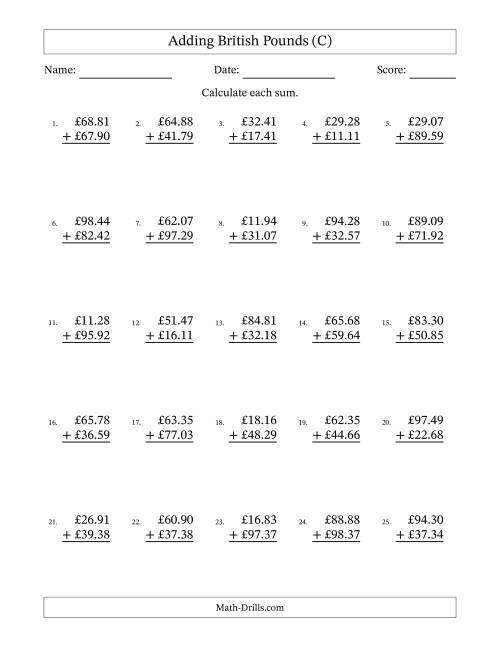 The Adding British Pounds With Amounts from 10.00 to 99.99 in Increments of One Pence (C) Math Worksheet